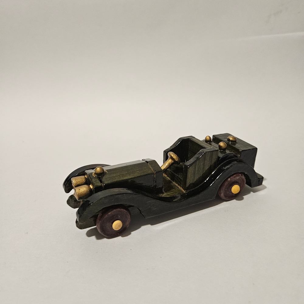 Vintage Style Handcrafted Wooden Roadster Model Car Dark Green Gold Accents